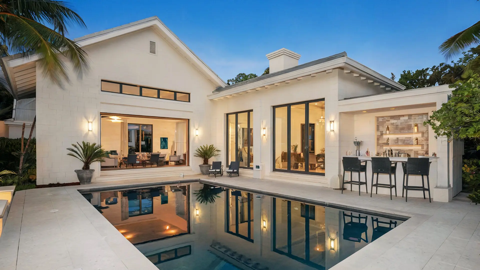 Modern white house with pool, outdoor bar, palm trees, and evening lighting.